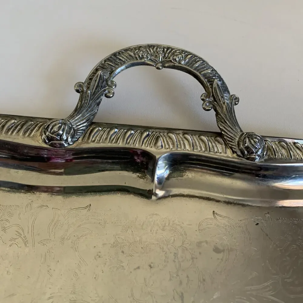 Large Stainless Steel Serving Tray Victorian Vintage Silver Color